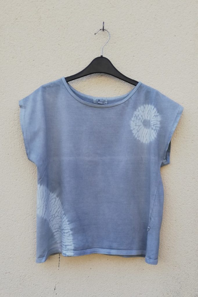 5 Ideas for Sustainable Fashion: Ways to Upcycle with Shibori 3 3. Upcycled pale grey miru shibori patterned top