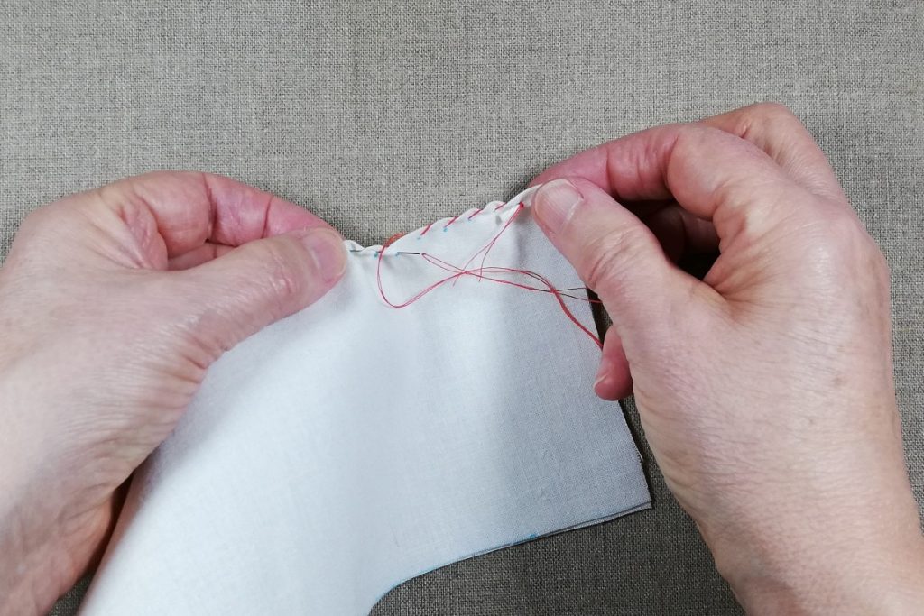 Learn to Sew Shibori Seaweed with Awase ori-nui shibori. 4 Hands showing sewing of maki-nui shibori stitch