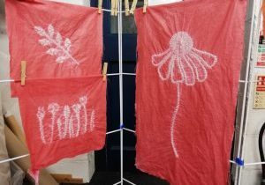 shibori designs on pink dyed cotton