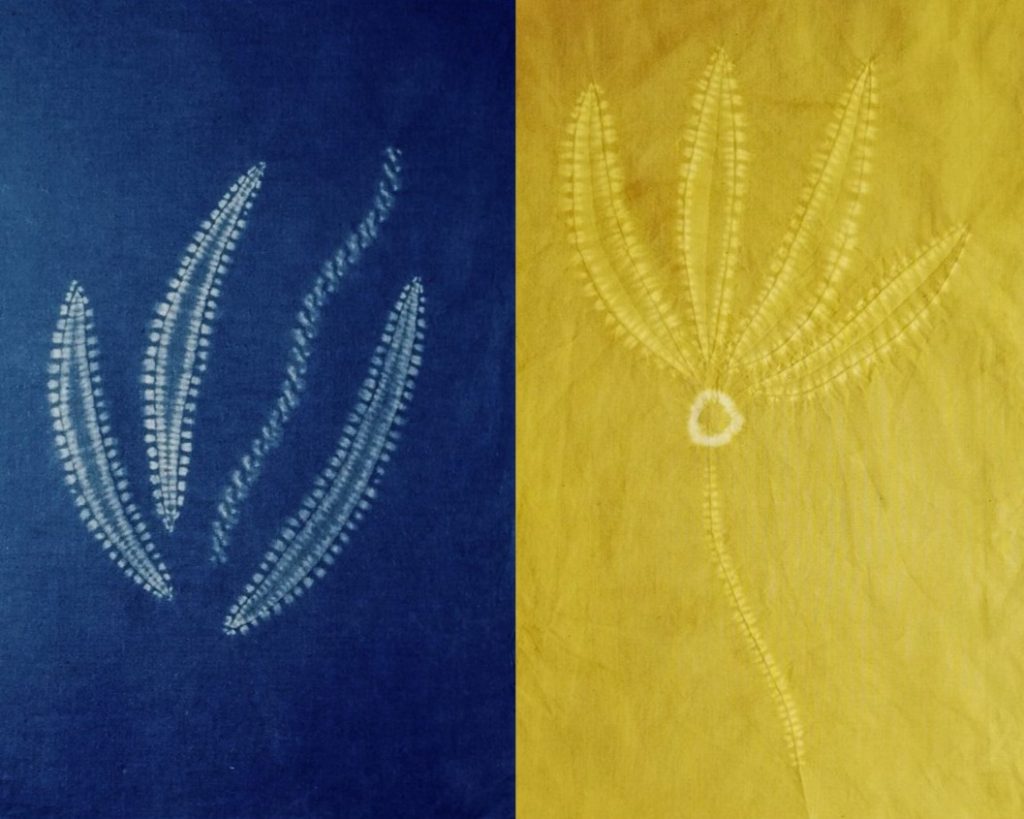 Blue and gold colour seaweed designs in shibori stitch