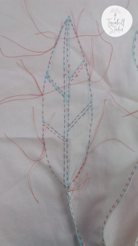 5 Marvellous Maki-Age Shapes to Create with Stitched Shibori 12 Stitching on undyed fabric of maki age bud showing 6 separate areas of stitching