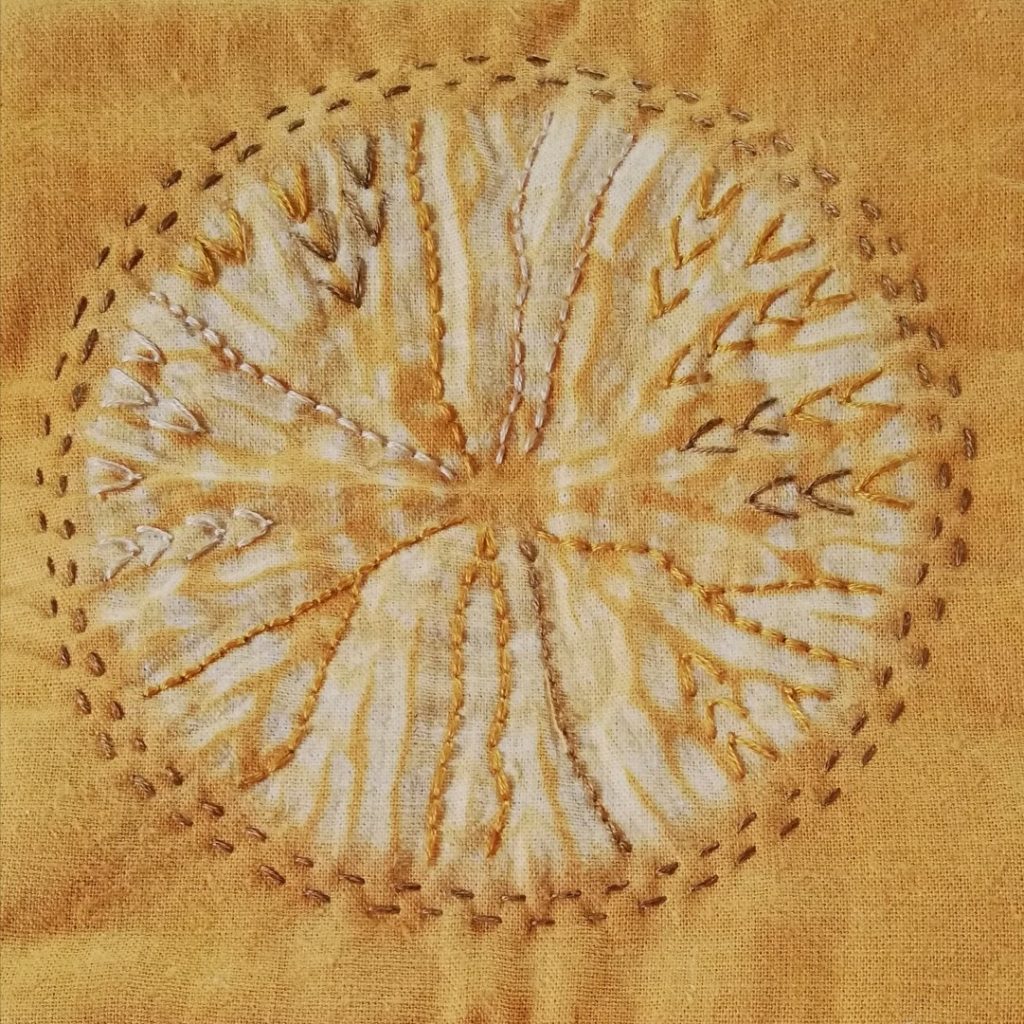 Designing with Miru Shibori 4 Original Ideas to Inspire You. 4 Gold fabric with circular design and embroidery
