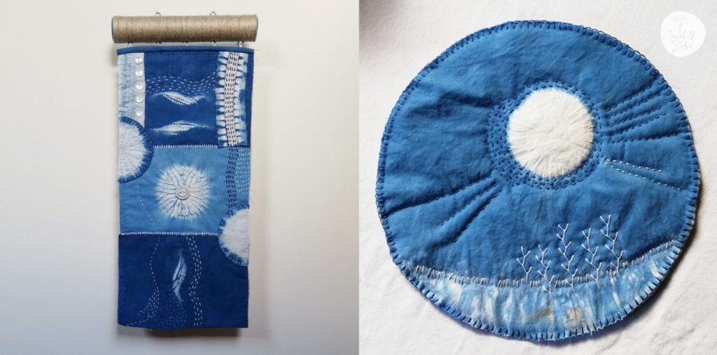 Be Inspired to Explore Shibori and Embroidery Stitching 1 indigo dyed fabrics with shibori and embroidery patterns