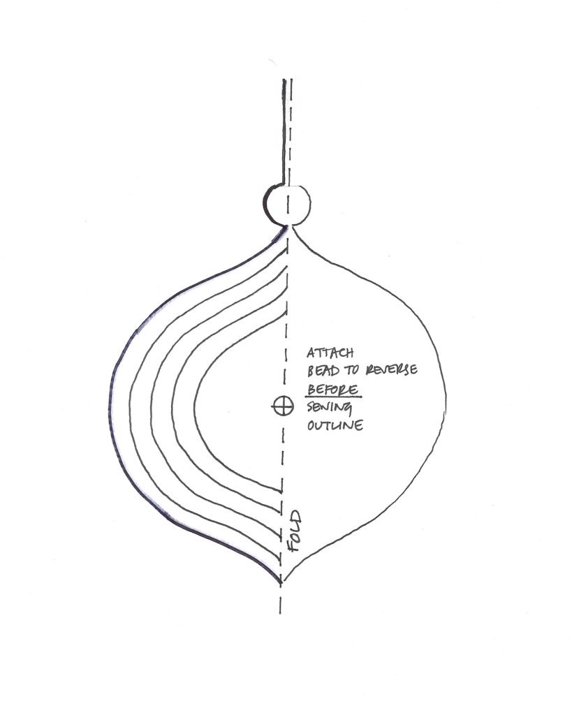 Handmade Christmas: Shibori Designs to Sew and Dye at Home 1 Black and white drawing of a shibori Christmas design - a bauble