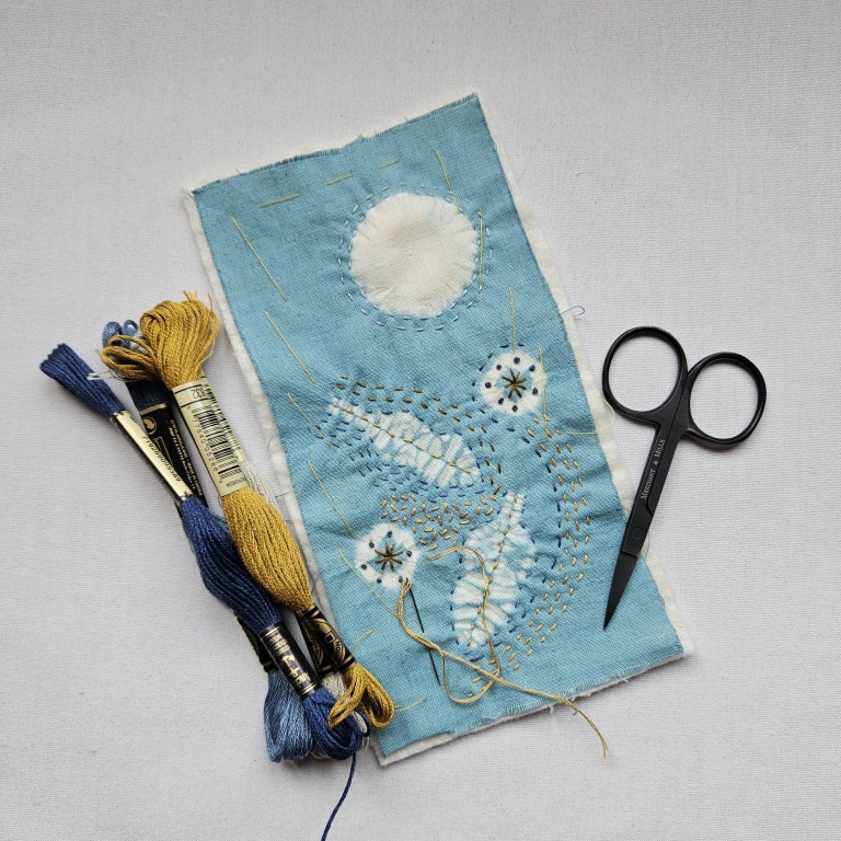 Embroider on Shibori – Create a Small Hanging 2 Embroider on shibori a small blue hanging